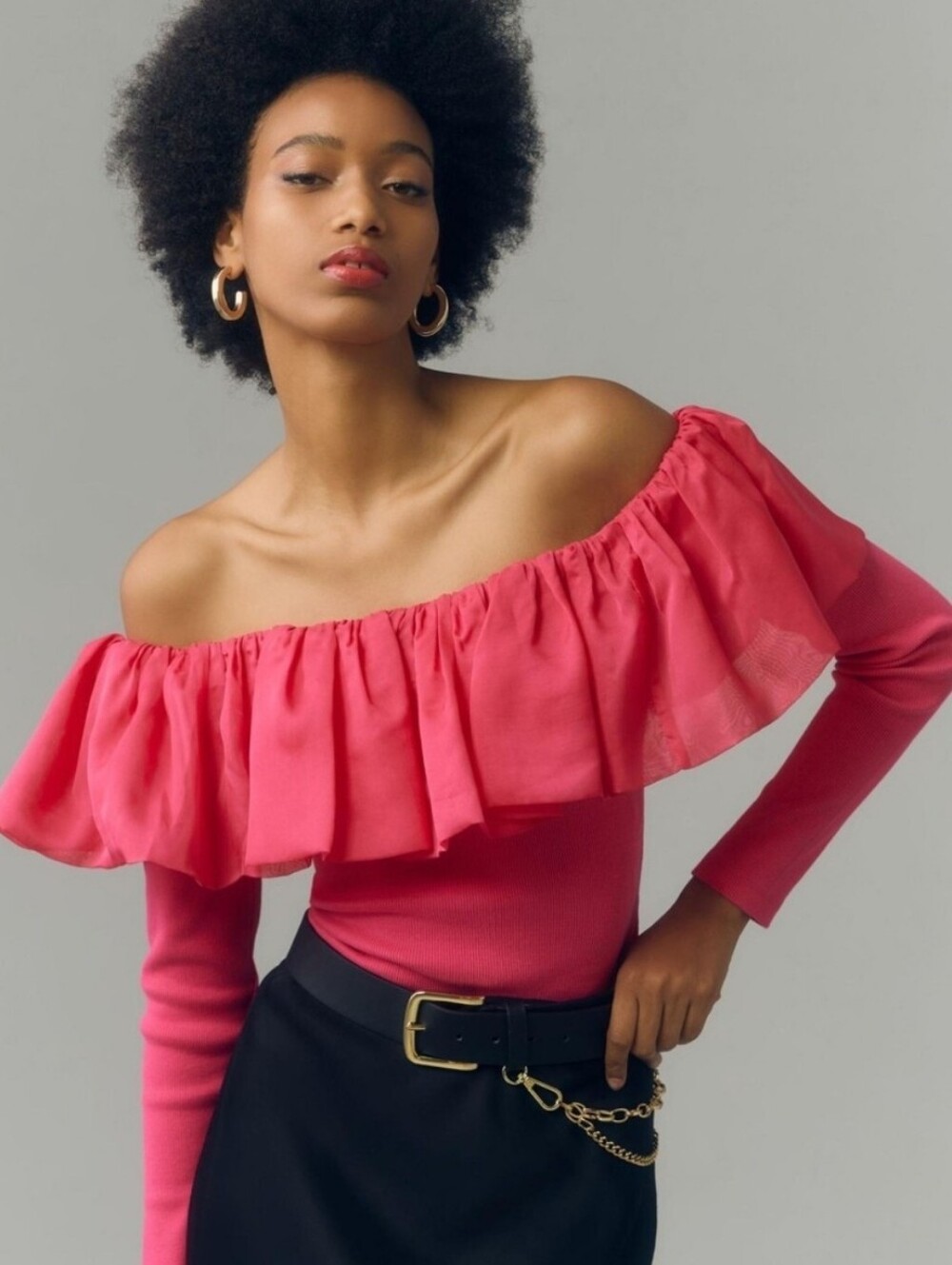 Anthropologie Off-Shoulder Ruffle Top in Bright Pink